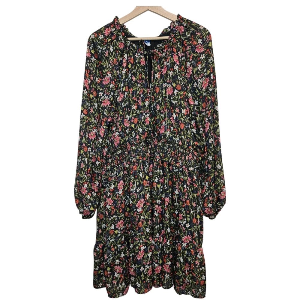 Old Navy Black Floral Gold Stripe Waist Defined Dress